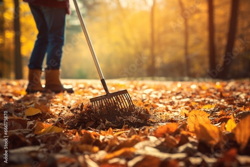 sweeper with a rake collecting leaves in autumn