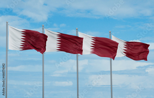 Qatar four flags in row, multiple flags in line