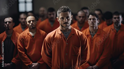 Convict in an orange suit speaks in the courtroom photo