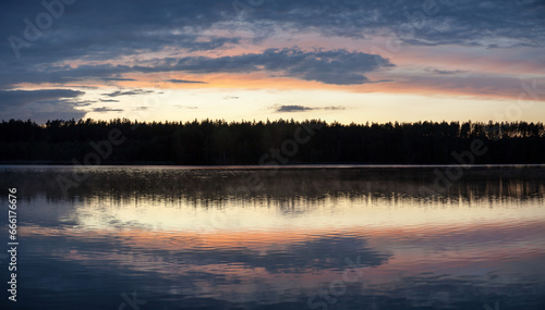 Baltis Lake Sunset Panoramic View With Reflections © Ramunas