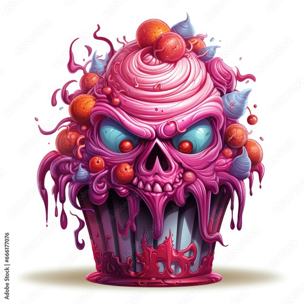 Obraz premium evil pink cupcake for Halloween or holiday, sweet cake close-up.