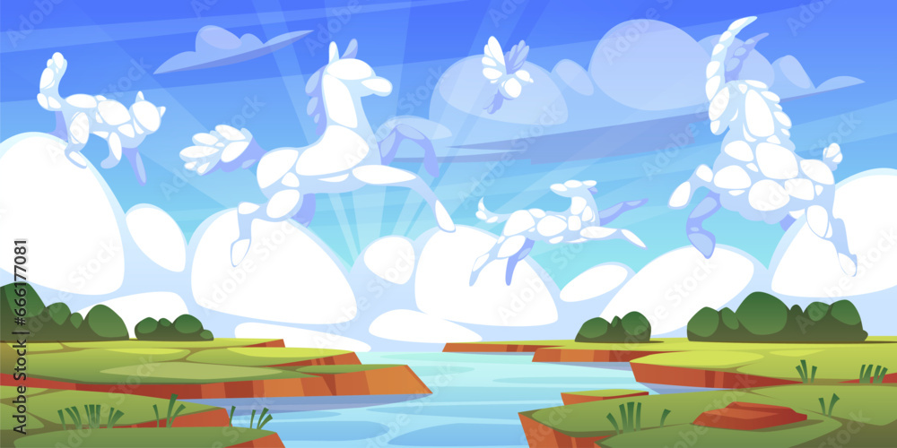 Animal clouds landscape. Summer nature background, sky with white cumulus clouds, cloudscape various fabulous fauna shapes, river and field. Cartoon flat illustration, tidy vector concept
