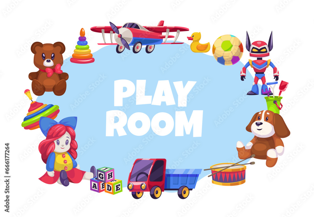 Naklejka premium Banner with set of children toys. Round frame with copy space for text. Poster for kids play room or playground. Funny doll, plush animals and cars. Cartoon flat isolated vector concept