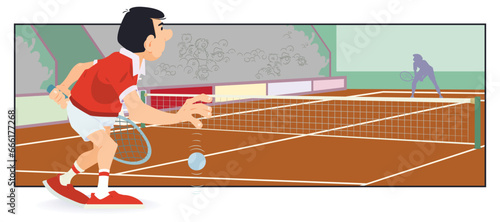 Man with tennis ball playing tennis. Funny people. Illustration for internet and mobile website.