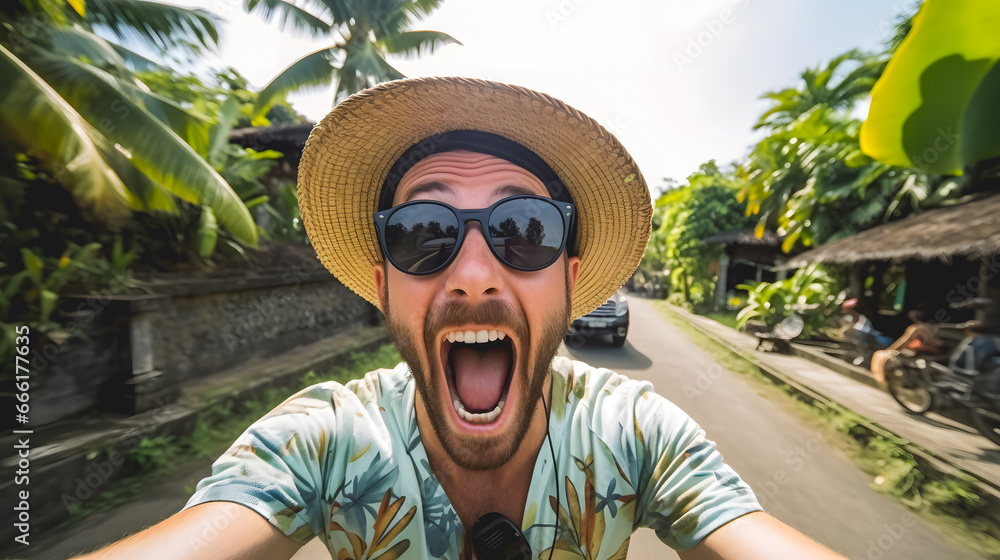 Un homme avec un chapeau et des lunettes de soleil en train de se prendre en selfie sur une moto à Bali.  - obrazy, fototapety, plakaty 