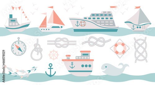 A set of marine elements for your design in flat style in pastel shades. Ships, knots, whale, fish. compass, steering wheel, anchor.Vector illustration.