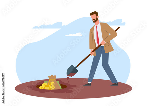Businessman burying his money. Hiding income and savings, treasure hunting. Rich man with shovel bury pile of gold. Archeologist discovery. Cartoon flat style isolated vector concept