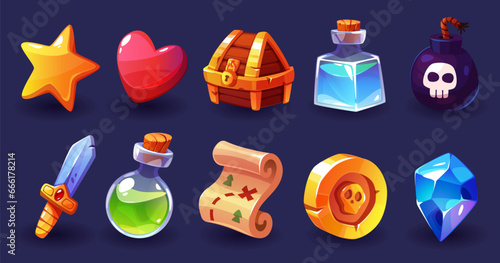Cartoon game icons. Inventory items for gui of rpg, mobile app elements, magic potion bottles, gem stone, treasure chest and map, sward and heart. Slot symbols. Tidy vector set