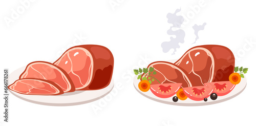 Raw cooked beef meat pork bbq grill meal isolated concept. Vector flat graphic design illustration