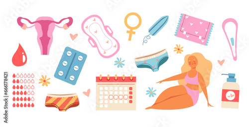 Menstruation period menstrual woman sanitary protection isolated set. Vector flat graphic design illustration