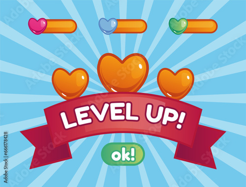 Game level up button interface isolated concept. Vector flat graphic design illustration 