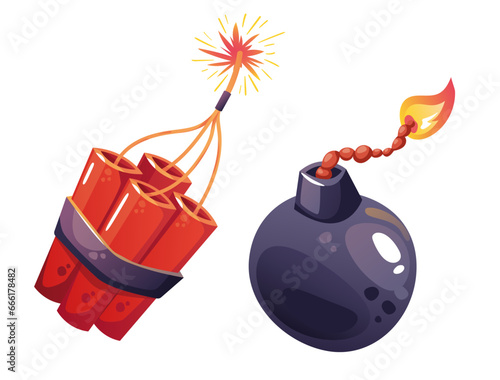 Bomb dynamite boom explosive ignite rope firecracker isolated set. Vector flat graphic design illustration