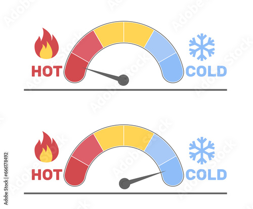 Cold and hot temperature sensor readings. Speedometer, radial gauge scale from blue to red with arrow hand pointer. Colored measuring semicircle scale. Cartoon flat style vector concept