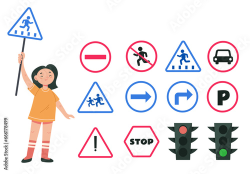 Children child hold road traffic sign isolated set. Vector flat graphic design illustration 