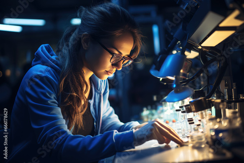 Female scientists analyzing data in a modern laboratory. Concept of science, health and well-being. Generative AI