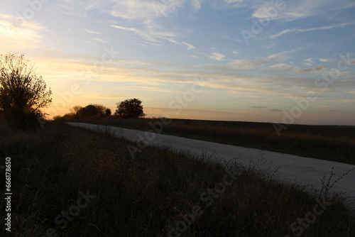 A field with a body of water in the distance