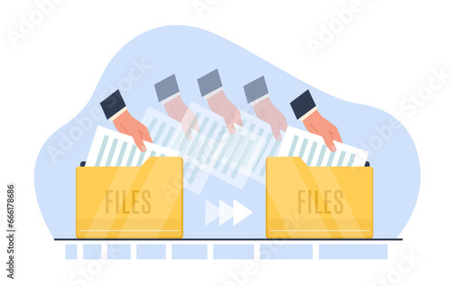Copying files, moving text documents from one folder to another. Hand hold folders. Transmission process, remote loading, information exchange. Cartoon flat style isolated vector concept