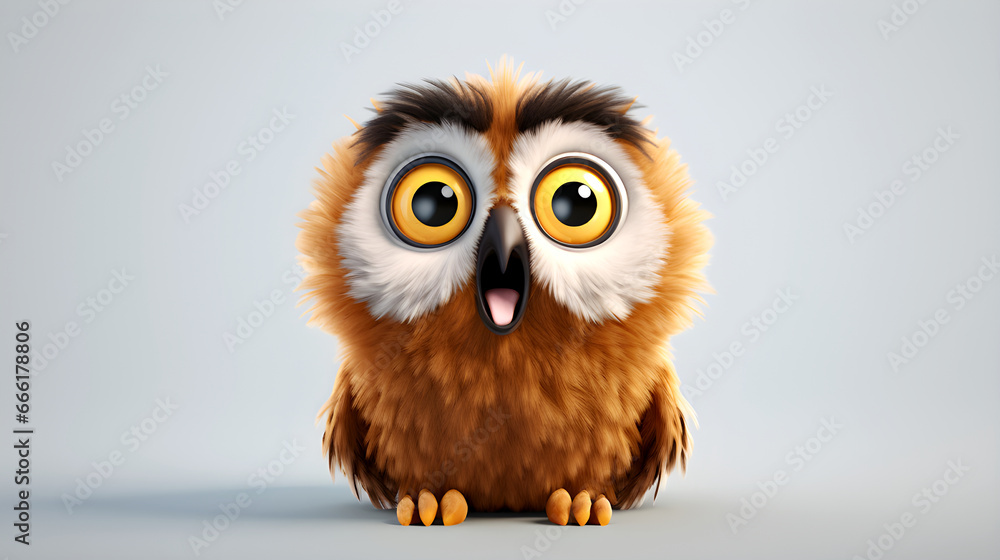 Naklejka premium Cute owl with big yellow eyes, fluffy brown and white feathers, open beak, and tiny feet on a light background