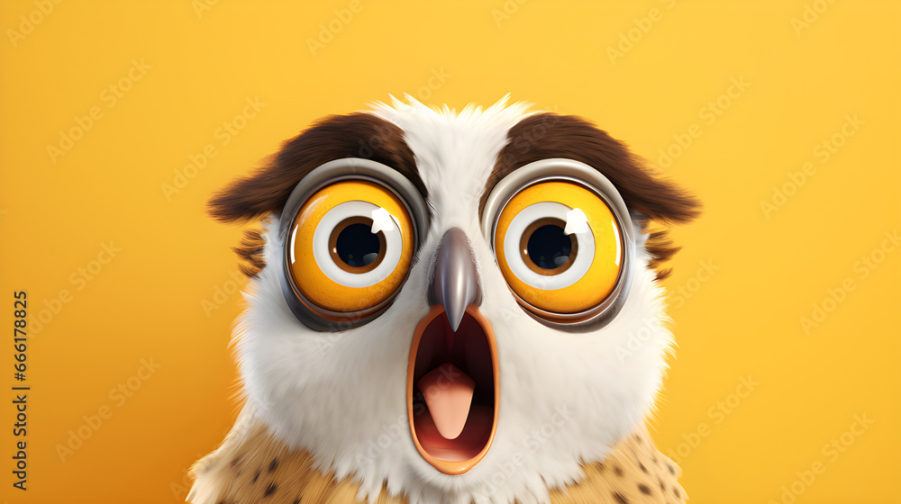 Funny owl with big orange eyes and white feathers looks surprised, open mouth, on a bright yellow background