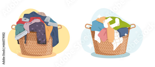 Dirty and clean clothes, washed laundry in hamper. Apparel heap with stains and fresh in baskets. Messy fabric cotton t-shirts and socks. Cartoon flat style isolated vector concept