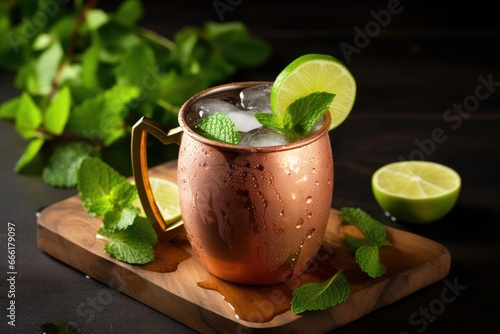  a copper mug with a lime and mint garnish. generative ai