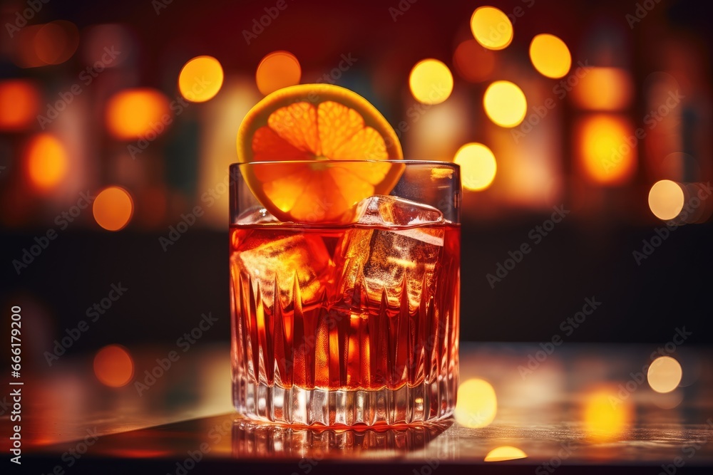 a glass of alcohol with an orange slice on the rim. generative ai a glass of alcohol with an orange slice on the rim. generative ai
