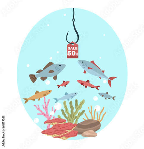 Discounts on hook as bait for fish. Funny sale advertising. Ad poster, special offer. Hanging red label with percent. Attracting customers. Cartoon flat style isolated vector concept