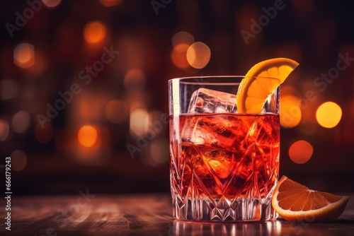  a close up of a glass of alcohol with a slice of orange. generative ai
