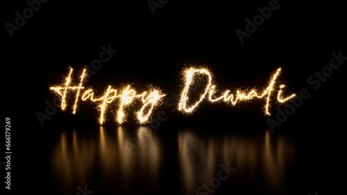 Holiday Banner with Happy Diwali Text on Black. Animated Gold Sparkler Firework Caption. Seamless Loop. photo