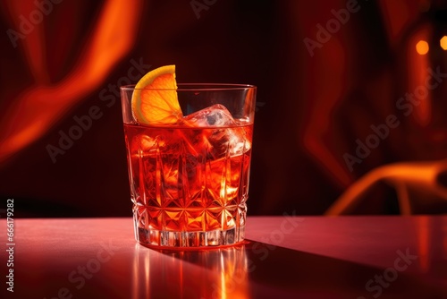  a glass of alcohol with a slice of orange on the rim.  generative ai