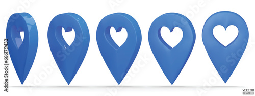 Set of map pointer on heart shape isolated on white background. Blue location pin or navigation. 3D Locator mark of map pointer, symbol, position.