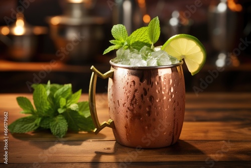  a copper mug with a lime and mint garnish.  generative ai