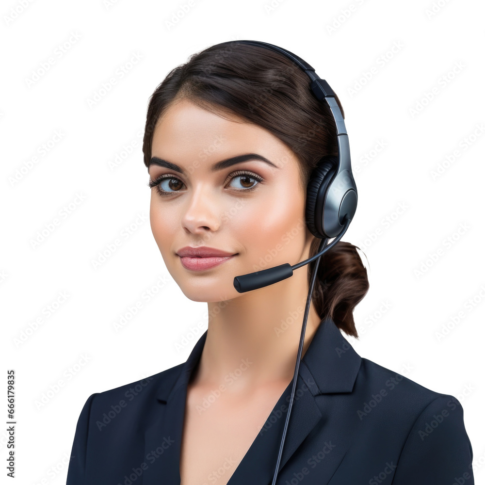 Female call center agent with headset isolated on white background. Technical support employee at work Female call center agent with headset isolated on white background. Technical support employee at work