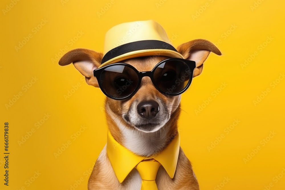 Anthropomorphic portrait of successful dog in sunglasses on yellow background. Dog that looks like boss
