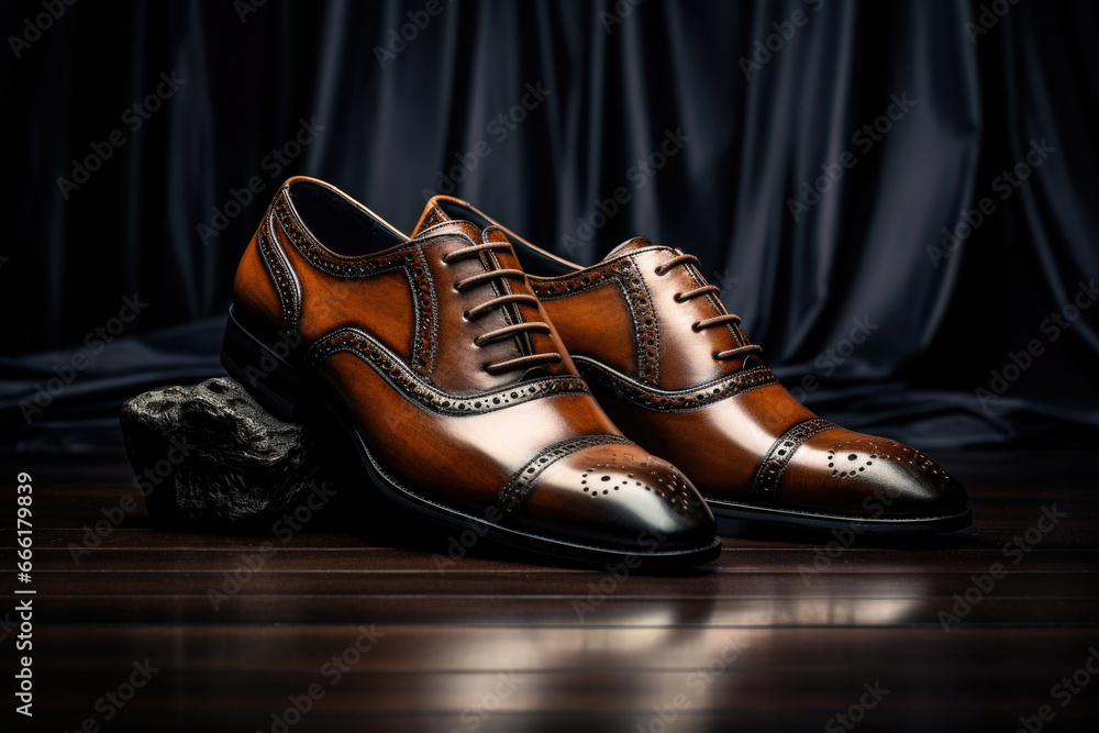Male classic shoes on dark background. Leather stylish shoes, close up Male classic shoes on dark background. Leather stylish shoes, close up
