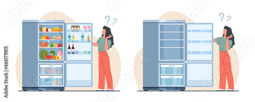 Girl stands by refrigerator full and empty. Female character looking in open fridge. Different products water, milk, fruit and vegetable, cartoon flat style isolated vector concept