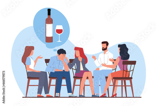 Group therapy in Alcoholics Anonymous club. Support for addicted people. Psychotherapist with alcoholics. Discussing problems on meeting. Cartoon flat style isolated vector concept