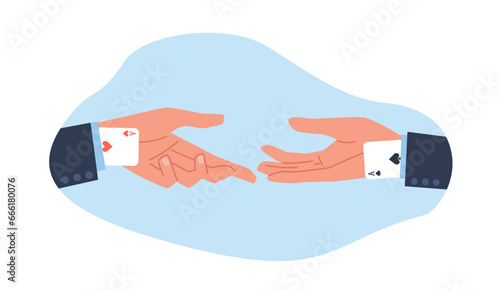 Hands of businessmen with aces up their sleeves. People handshaking gesture. Unfair business strategy. Lie and trickery workers. Advantage on meeting cartoon flat isolated vector concept