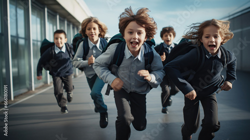 children running along the school background 