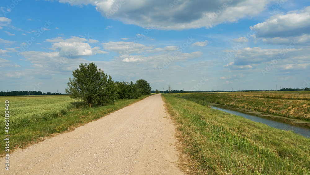 A dry sandy road passes through a field under the scorching sun and clouds. Dirt road outside the city in the village. Arid climate on earth. Climate change and its consequences.