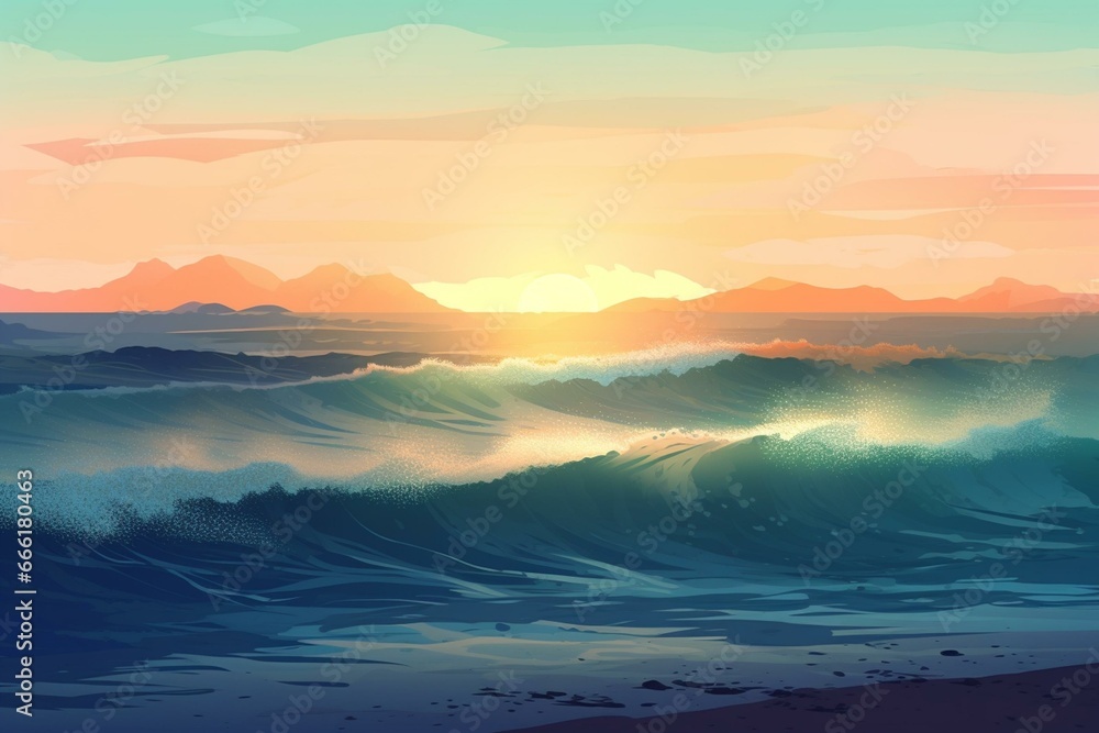 Create a digital illustration of a seascape with waves, sand, and sky. Generative AI