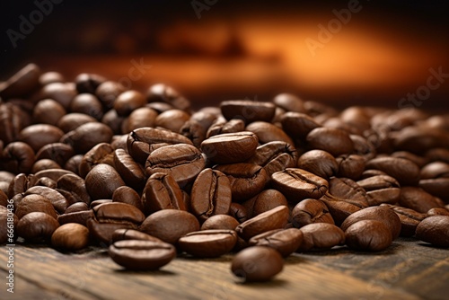 An assortment of coffee beans atop a wooden surface with a blurred backdrop of more coffee beans. Generative AI
