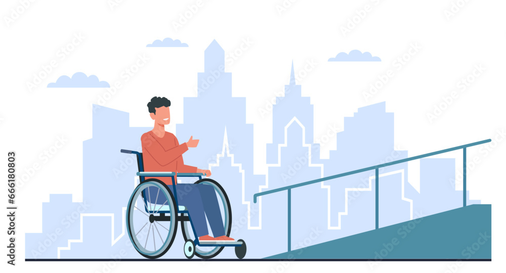 Man in wheelchair rejoices at presence of ramp. Comfortable urban environment for disability people. Accessibility and inclusivity. Access building cartoon flat isolated vector concept - obrazy, fototapety, plakaty 