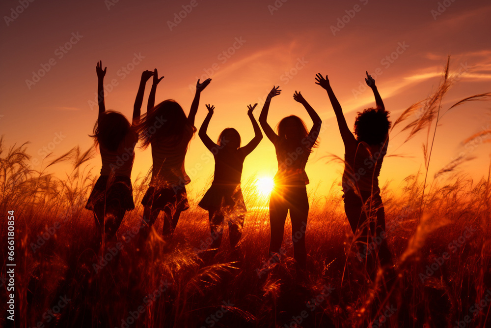 A large gathering of individuals celebrating triumph on a beach field. The backdrop boasts serene lakes and majestic beach area illuminated by the setting sun. Generative AI.