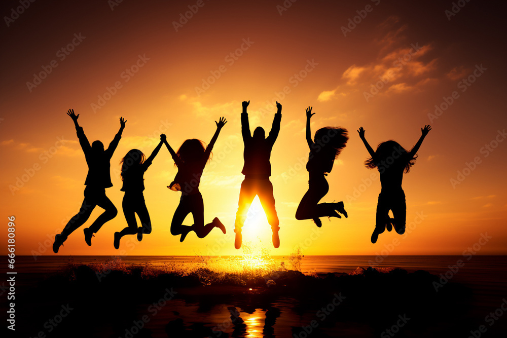 A large gathering of individuals celebrating triumph on a beach field. The backdrop boasts serene lakes and majestic beach area illuminated by the setting sun. Generative AI. A large gathering of individuals celebrating triumph on a beach field. The backdrop boasts serene lakes and majestic beach area illuminated by the setting sun. Generative AI.