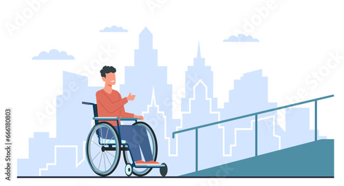 Man in wheelchair rejoices at presence of ramp. Comfortable urban environment for disability people. Accessibility and inclusivity. Access building cartoon flat isolated vector concept