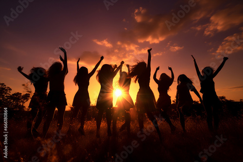 A large gathering of individuals celebrating triumph on a beach field. The backdrop boasts serene lakes and majestic beach area illuminated by the setting sun. Generative AI.