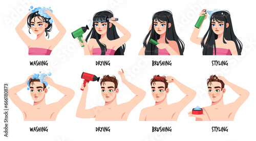 Men and women take care of hair. Application of nourishing mask and serum, washing volume shampoo, combing and drying, alopecia prevention. Home spa, cartoon flat illustration, tidy vector set