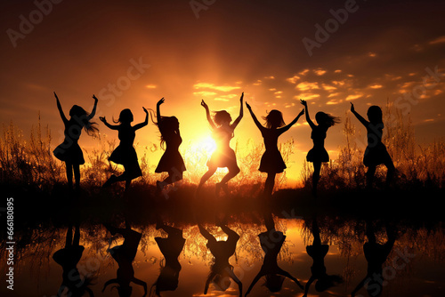 A large gathering of individuals celebrating triumph on a beach field. The backdrop boasts serene lakes and majestic beach area illuminated by the setting sun. Generative AI.