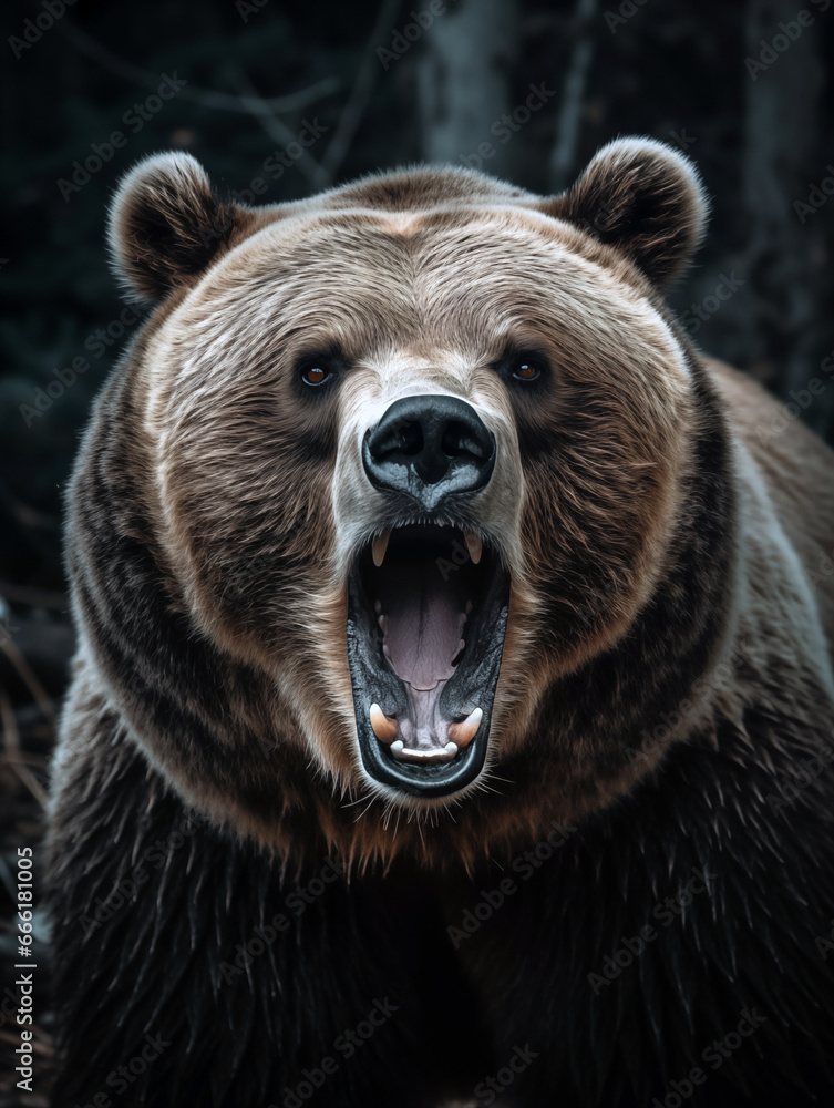 Close up portrait of an angry grizzly bear in a forest illustrated using generative Ai Close up portrait of an angry grizzly bear in a forest illustrated using generative Ai